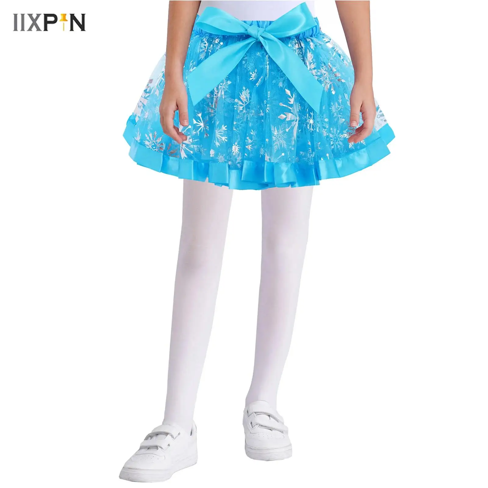 

Kids Girls Ballet Skirt Birthday Party Stage Performance Costume Shiny Sequins Layered Tulle Tutu Skirt with Bowknot and Lining