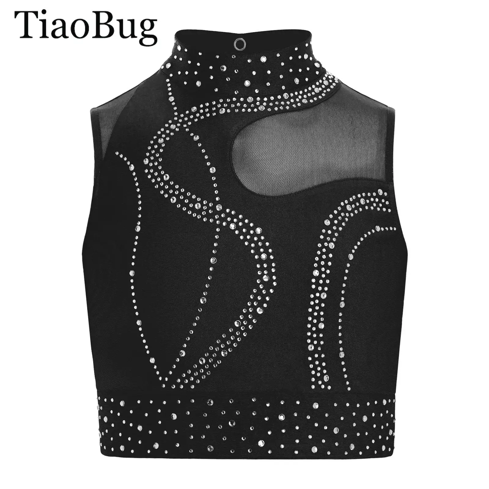 

Girls Rhinestones Dance Crop Top Sleeveless Sheer Mesh Gymnastics Workout Dance Crop Vest Ballet Lyrical Performance Competition