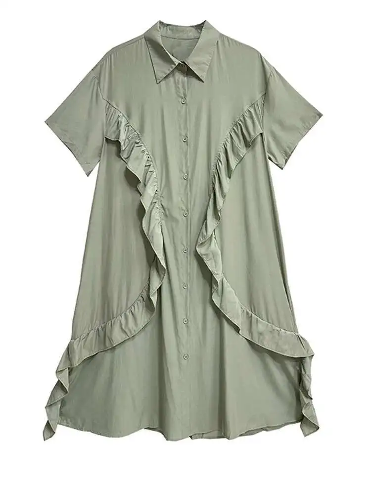 Damska Zielona Sukienka Koszulowa z Falbankami, Asymetrycznym Krojem, w Dużych Rozmiarach, Nowa, z Kołnierzykiem, Krótkim Rękawem, Modna, Wiosenno-Letnia