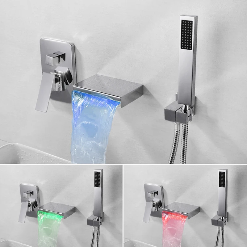 

LED Bathtub Faucet Set with Handheld Sprayer Tub Filler Faucets Waterfall Tub Faucet Wall Mount Roman Tub Faucet Chrome