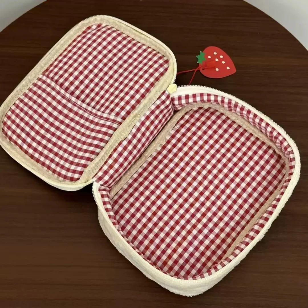 Flannel Storage Bag Exquisite Embroidered Strawberry Pencil Case Portable Stationery Pen Box  Cosmetic Storage Bag