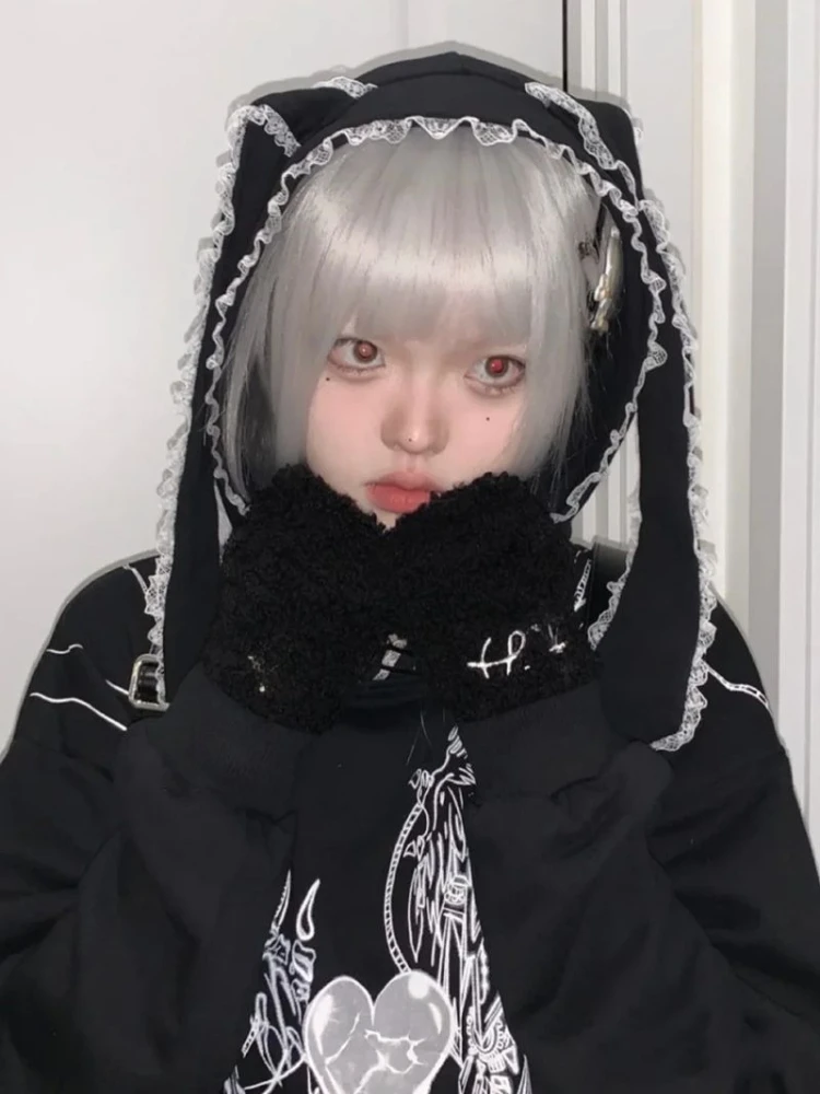 เสื้อฮู้ดแขนยาวสไตล์ฮาราจูกุ คาวาอี้ สำหรับผู้หญิง สไตล์ลำลองแบบญี่ปุ่น แต่งลูกไม้หูกระต่าย เสื้อสเวตเชิ้ตสไตล์หวานแบบกอธิค พิมพ์ลาย ฤดูใบไม้ร่วง 2025