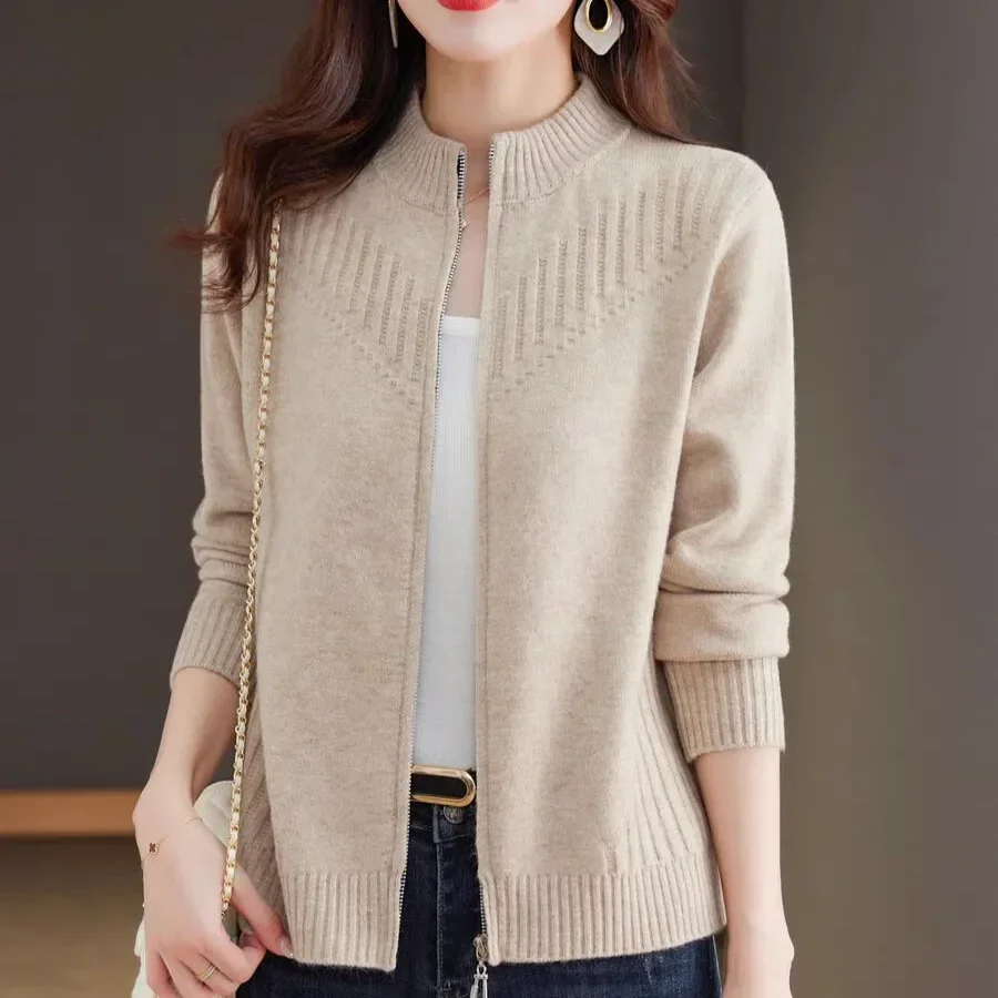 2024 Autumn New Loose-fit Knitted Cardigan Stylish Zipper-up Versatile Half-polo/turtle Neck Long-sleeve Sweater For Women