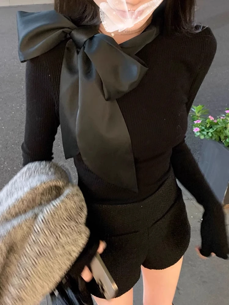 Korean Style Long Sleeve T-Shirt Women's  Knot Tie Design Base Shirt Inner Wear Commute Wind Slim Fit Polyester Fiber