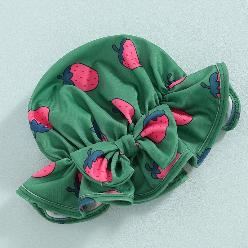 

Infant Girl s Watermelon Patterned UV Protection Swimsuit with Ruffled Sleeves and Matching Swim Cap