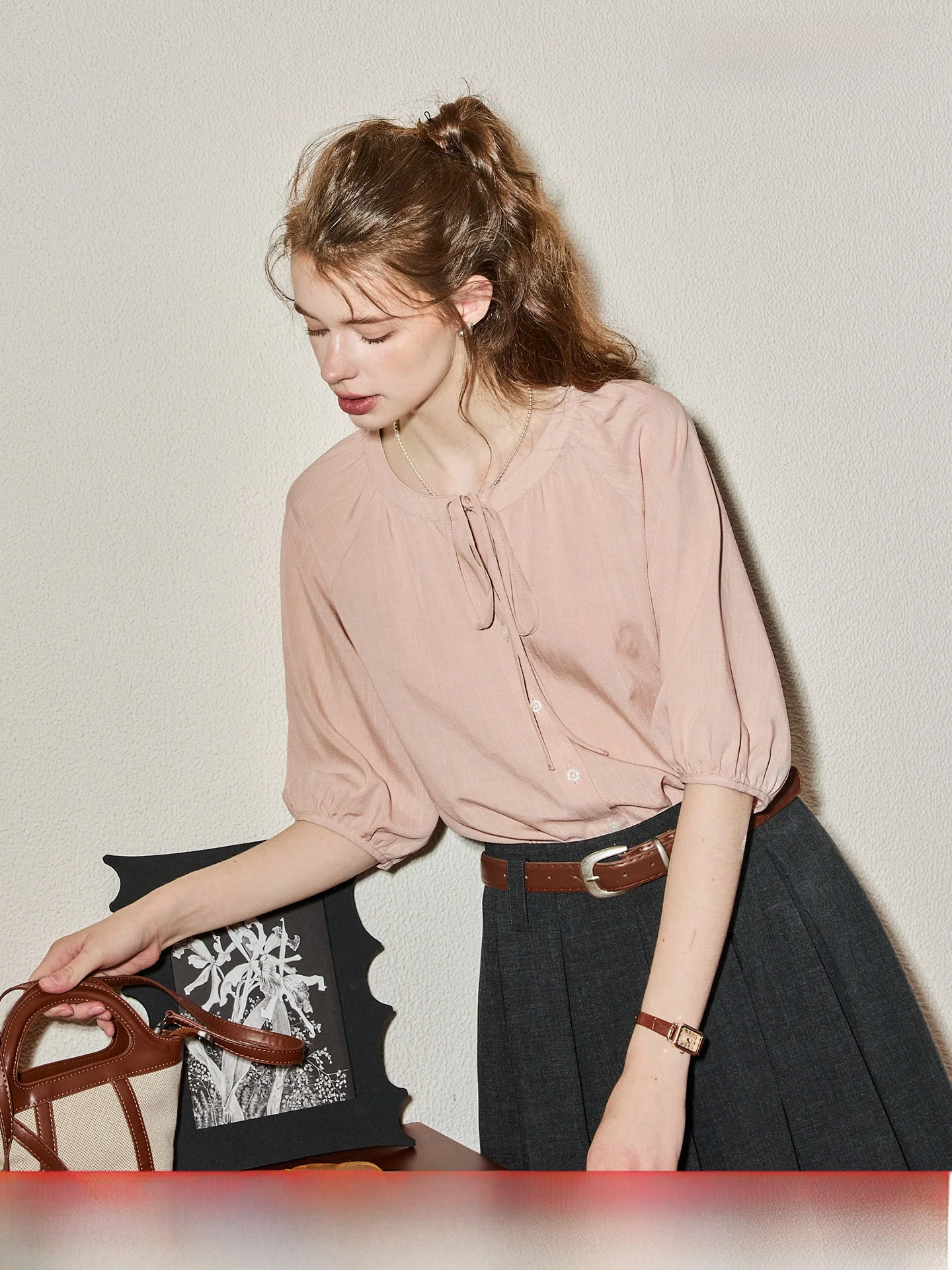 

KUHNMARVIN Summer New Women's Shirt Atmosphere First Love Style Button up Loose Fit Five Sleeve round Neck Breathable Casual