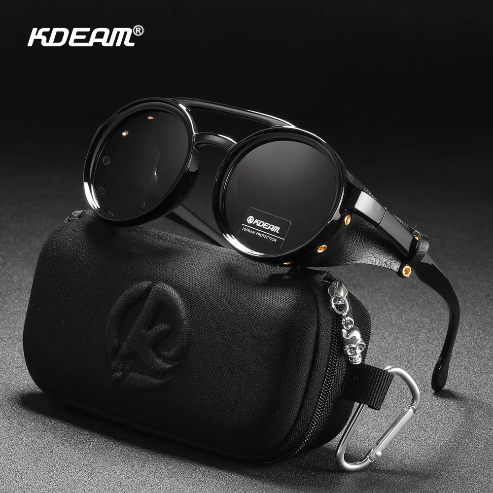 KDEAM Vintage Steampunk Round Sunglasses Men Women Leather Shield Personality Sun Glasses Twin Bridge Designed Shade UV400