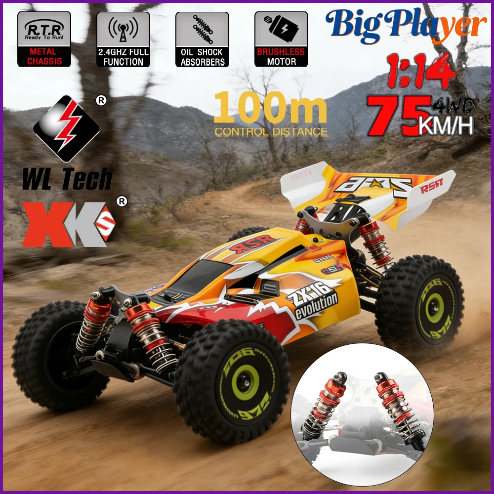 WLtoys 144010 1:14 Brushless RC Car 75Km/h High Speed 4WD Off-Road 2.4G Metal Chassis 144001 RTR Racing Toy Gift for Adults