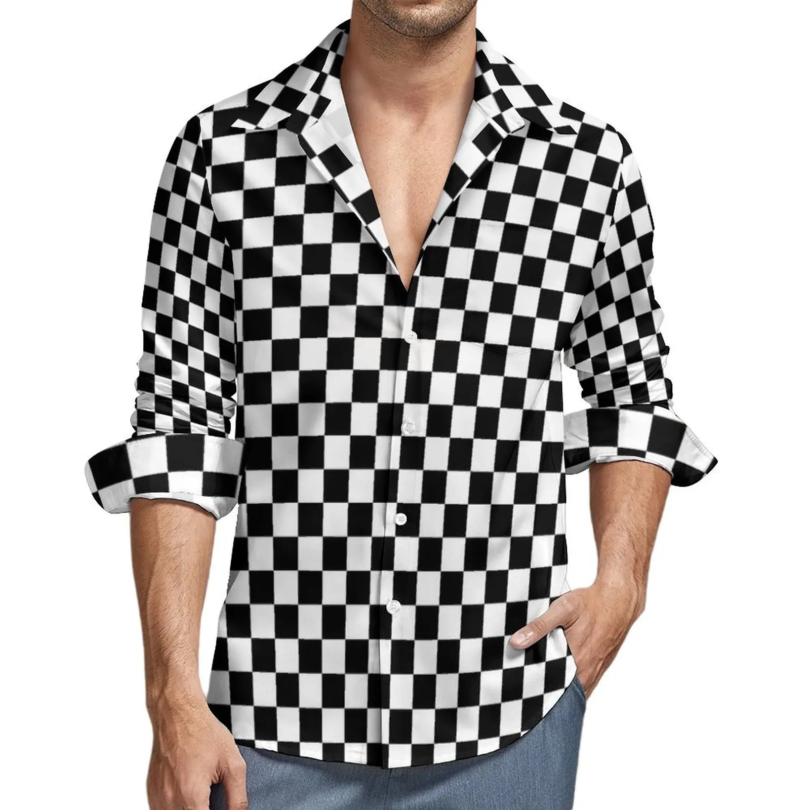 Male Shirt Black And White Check Print Casual Shirts Long Sleeve Checkerboard Style Streetwear Blouses Spring Loose Oversize Top