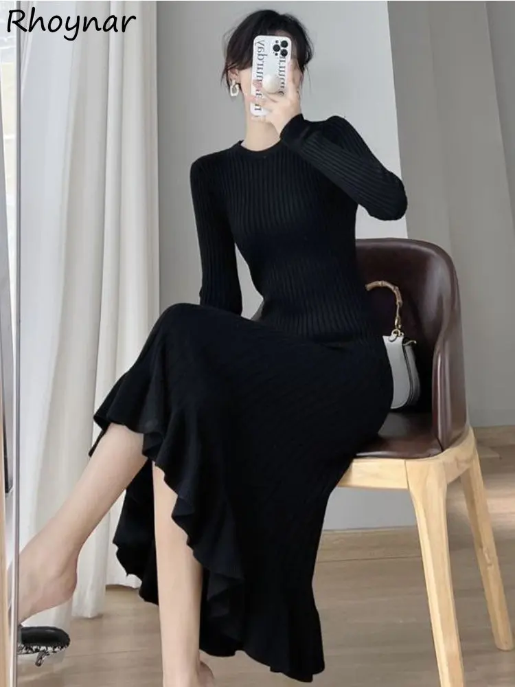 

Knitting Mermaid Dresses Women Temper Elegant Kpop Gentle Ladies Basics Winter Aesthetics Slim High Street Minimalist Ruffles