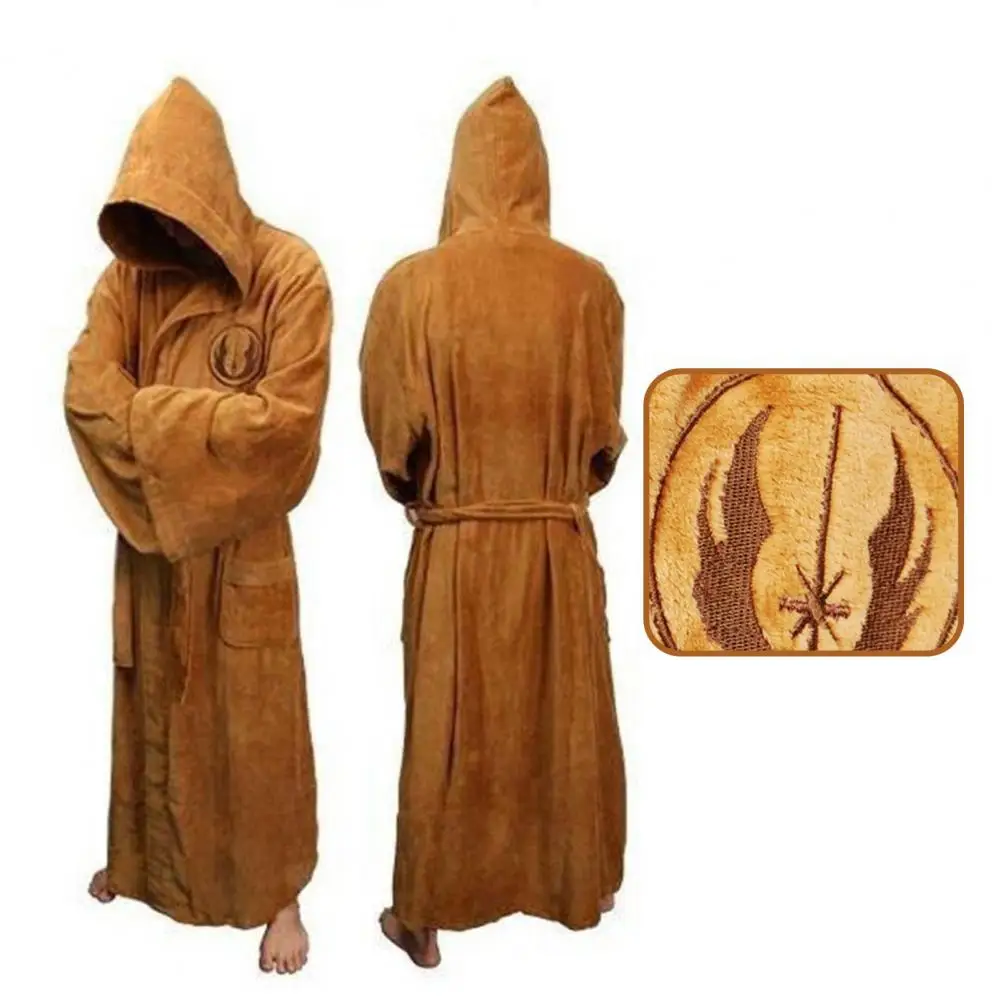 Simple Male Flannel Robe Long Sleeve Washable Star Pattern Pockets Robe Bathrobe Comfy Men Robe for Bedroom