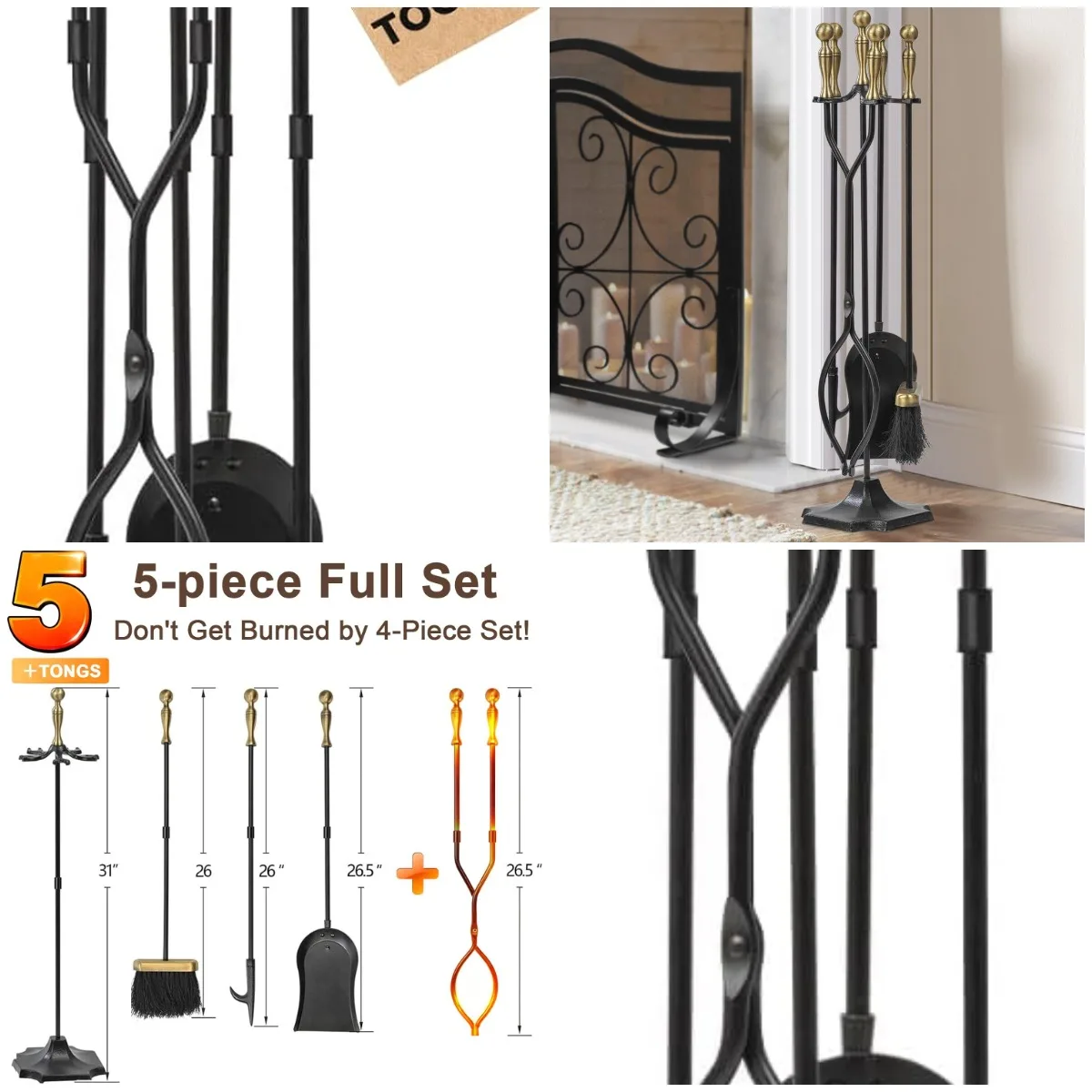 

5 Pcs Brass Handle Fireplace Tools Set Wrought Iron Fire Pit Stand Rustic Tongs Shovel Brush Poker for Indoor Outdoor Use