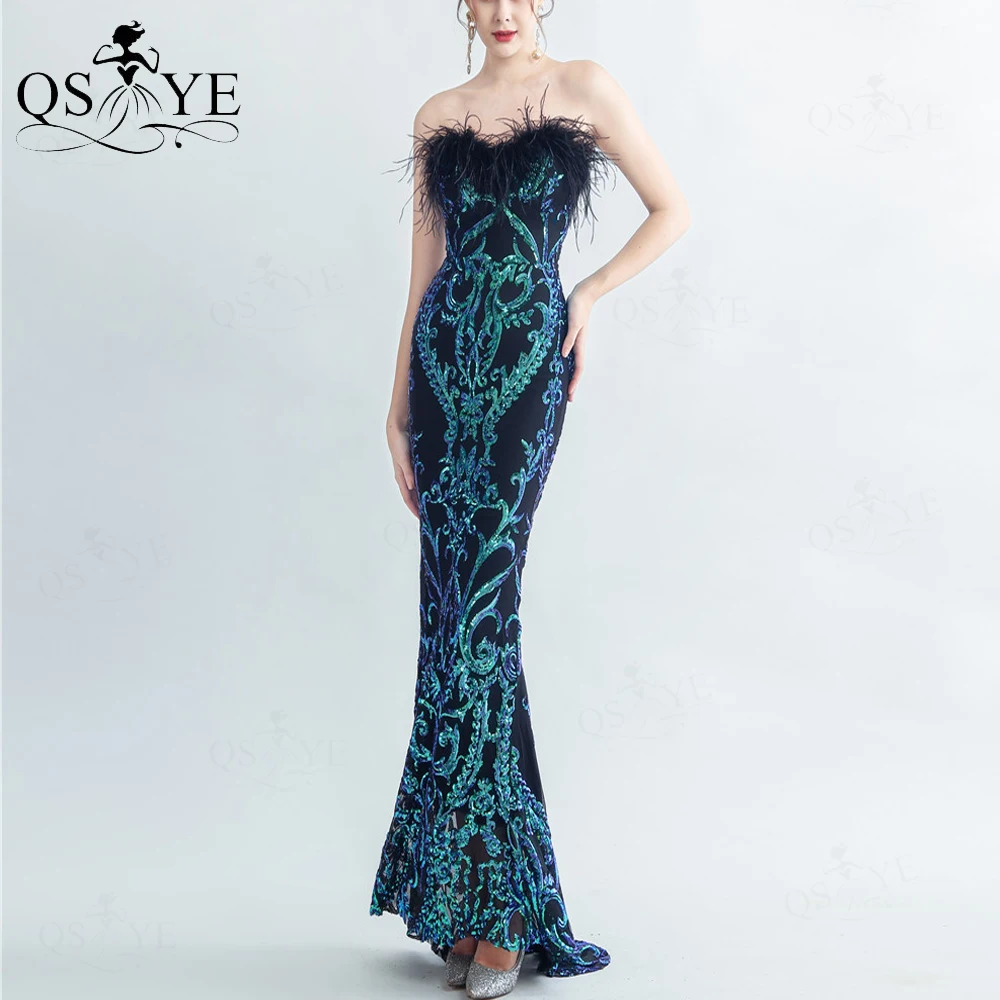 

Peacock Green Lace Evening Dresses Off Shoulder Ostrich Edge Neck Sequin Mermaid Prom Gown Embroidery Full Lace Fit Party Gown