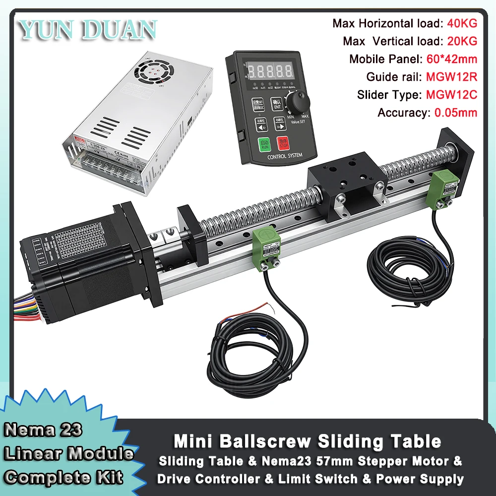 

Mini CNC Sliding Table Linear Guide Nema 23 57mm Linear Motor Drive Control Power Kit 40KG Ball Screw Linear Rail Stage XYZ Axis