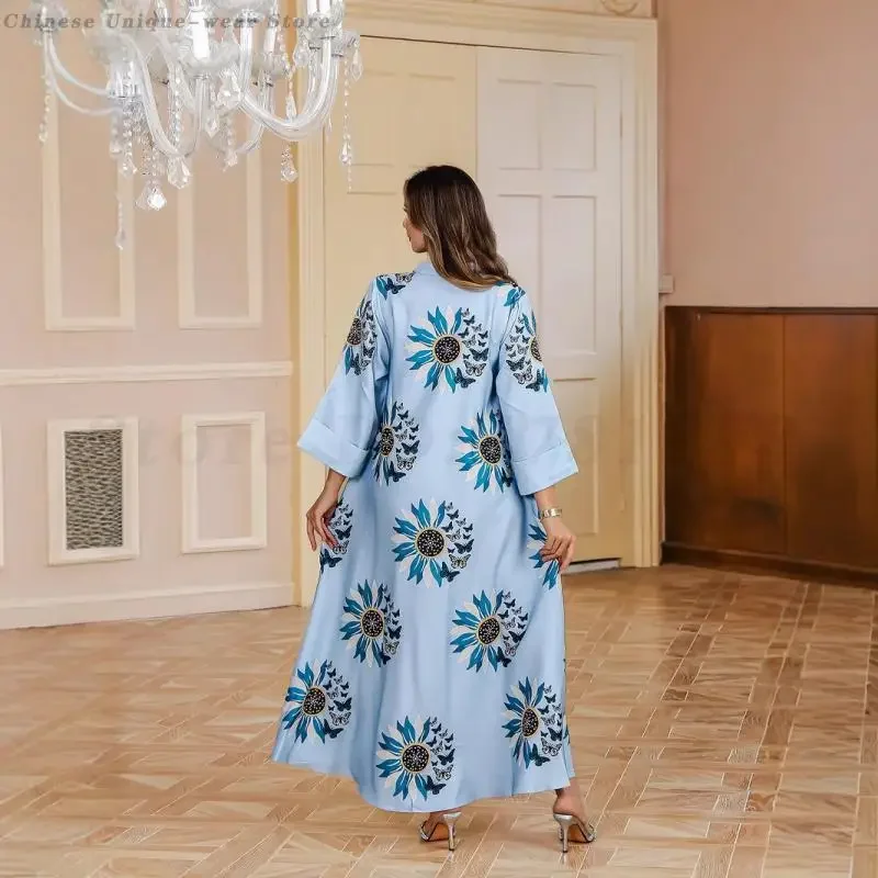 Ramadan Fashion Muslim Printed Dress Middle East Muslim Abayas Long Sleeve Robe for Women Dubai Elegant Loose Kaftans Party Gown