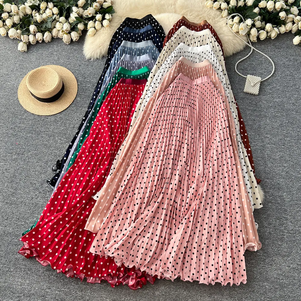 Korean Style Polka Dot Print Pleated A-line Long Skirts Women 2026 Spring Summer High Waist Casual Skirt
