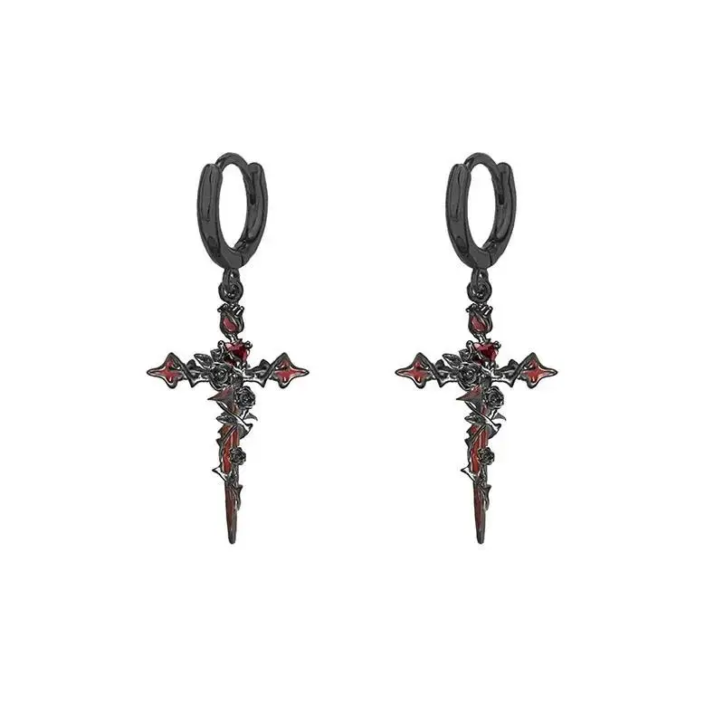 Retro Fashion Thorn Rose Cross Shape Earrings Sweet Cool Dark Style Earring Pendant Necklace Party