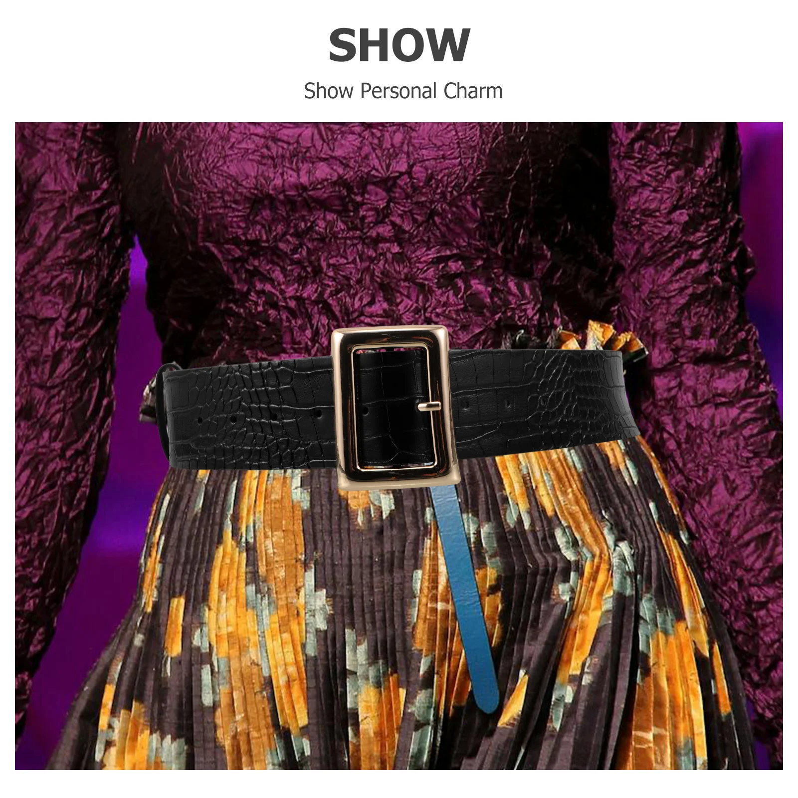 حزام خصر نسائي أسود مزيف بإبزيم مربع قابل للتعديل حزام مشد عتيق عريض حزام فستان أنيق للمساء غير الرسمي #3