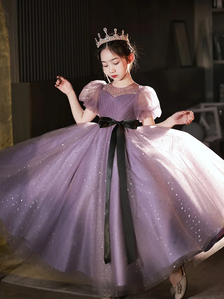 Vestido de princesa roxo infantil, fantasia high-end, Piano Concurso, Performance