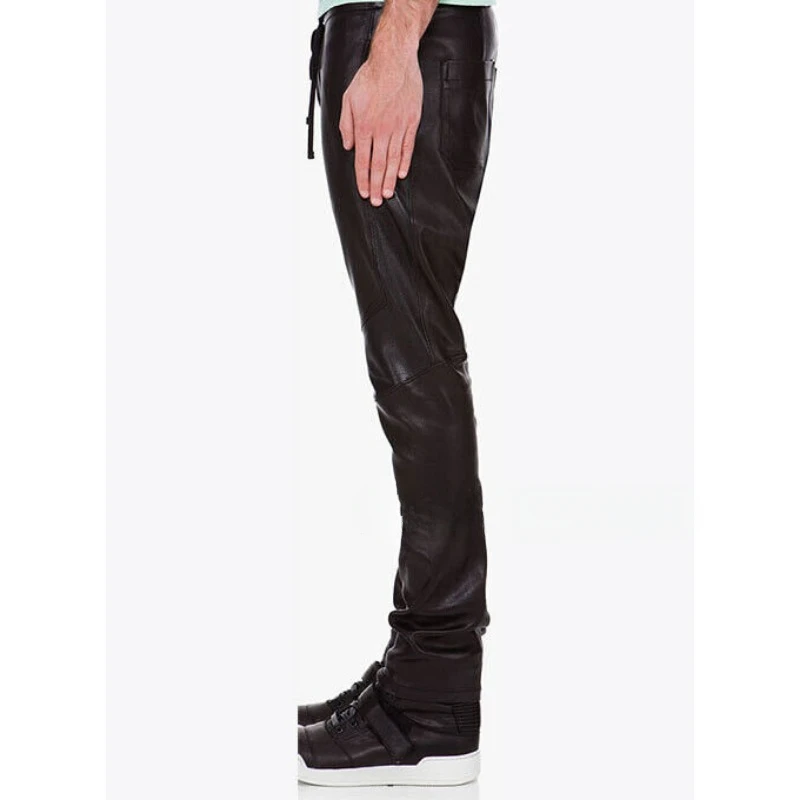 Trendy Fashion Men vera pelle di pecora 100% pantaloni in pelle con chiusura in pizzo Jogger