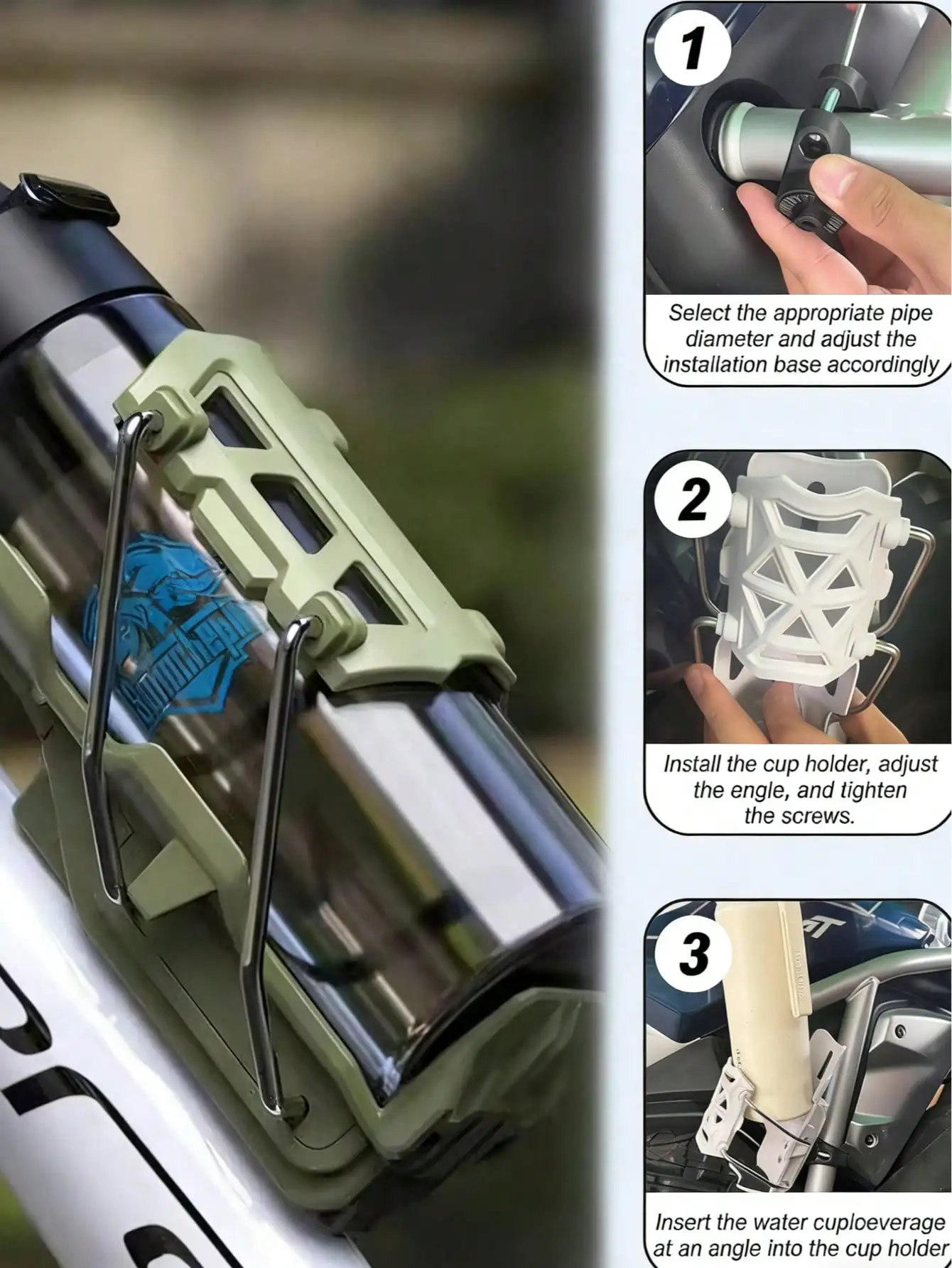 حامل أكواب عالمي للدراجات النارية - قفل ذاتي قابل للتعديل، 360 درجة °   دوران، يناسب الدراجات النارية/الدراجات الإلكترونية/الدراجات البخارية