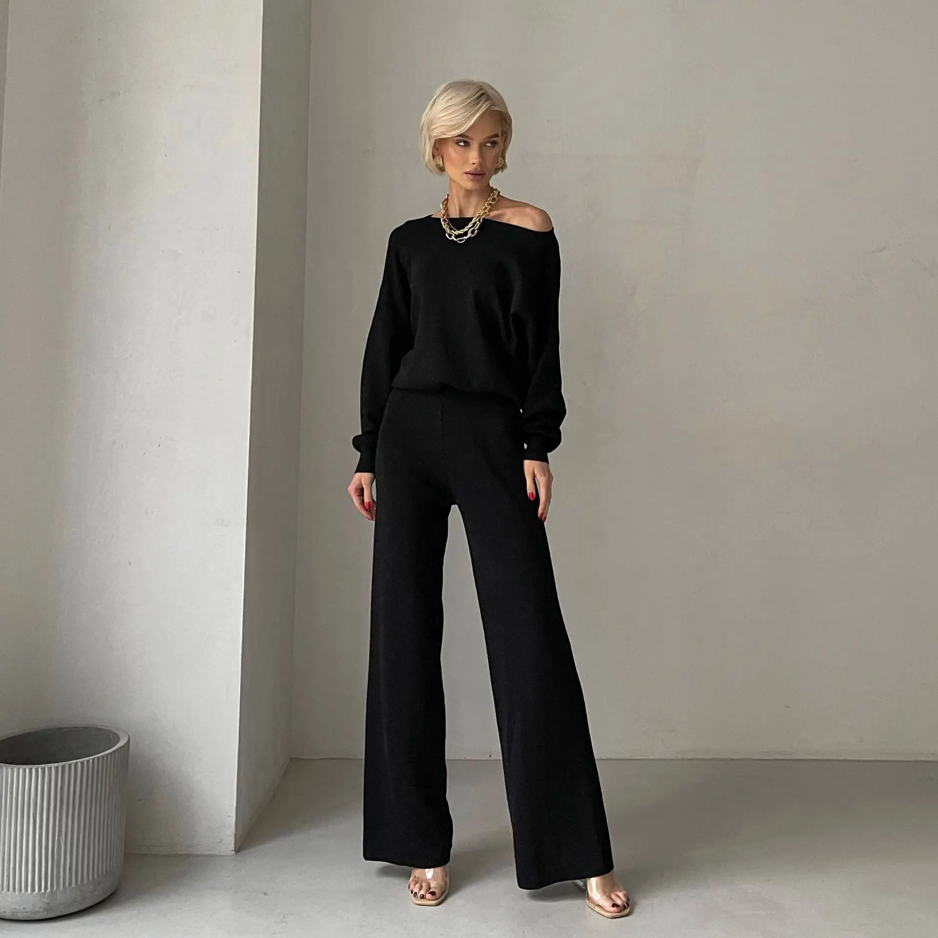 Two Piece Pant Sets Women Knit Skew Collar Sweaters Thick Pullovers Elastic Waist Long Pants Splice Solid Casual Regular