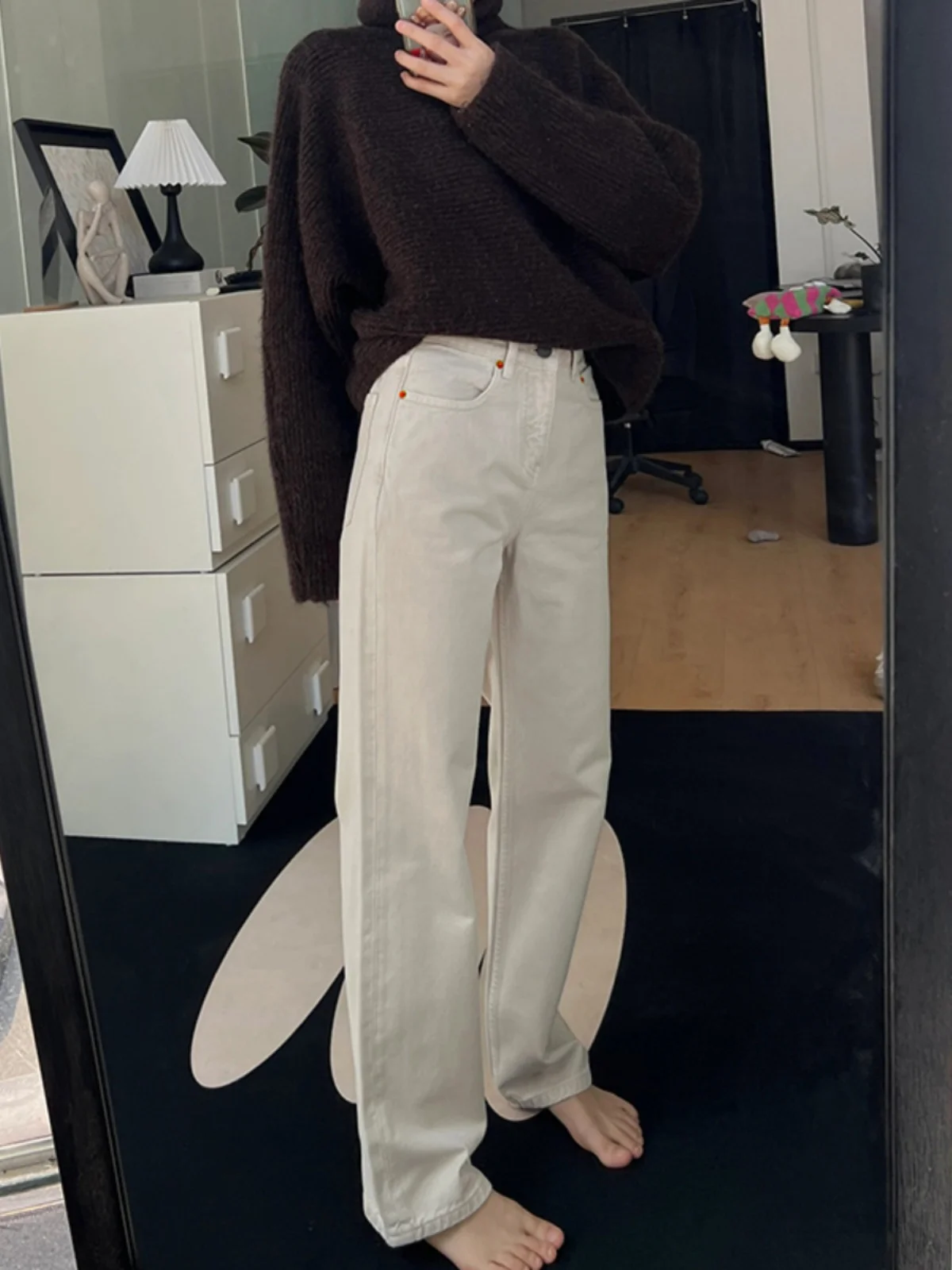 

Washed Pearl White Jeans Men's Spring Autumn American Retro OOTD Trendy Brand Slimming Micro Flared Straight Leg Pants