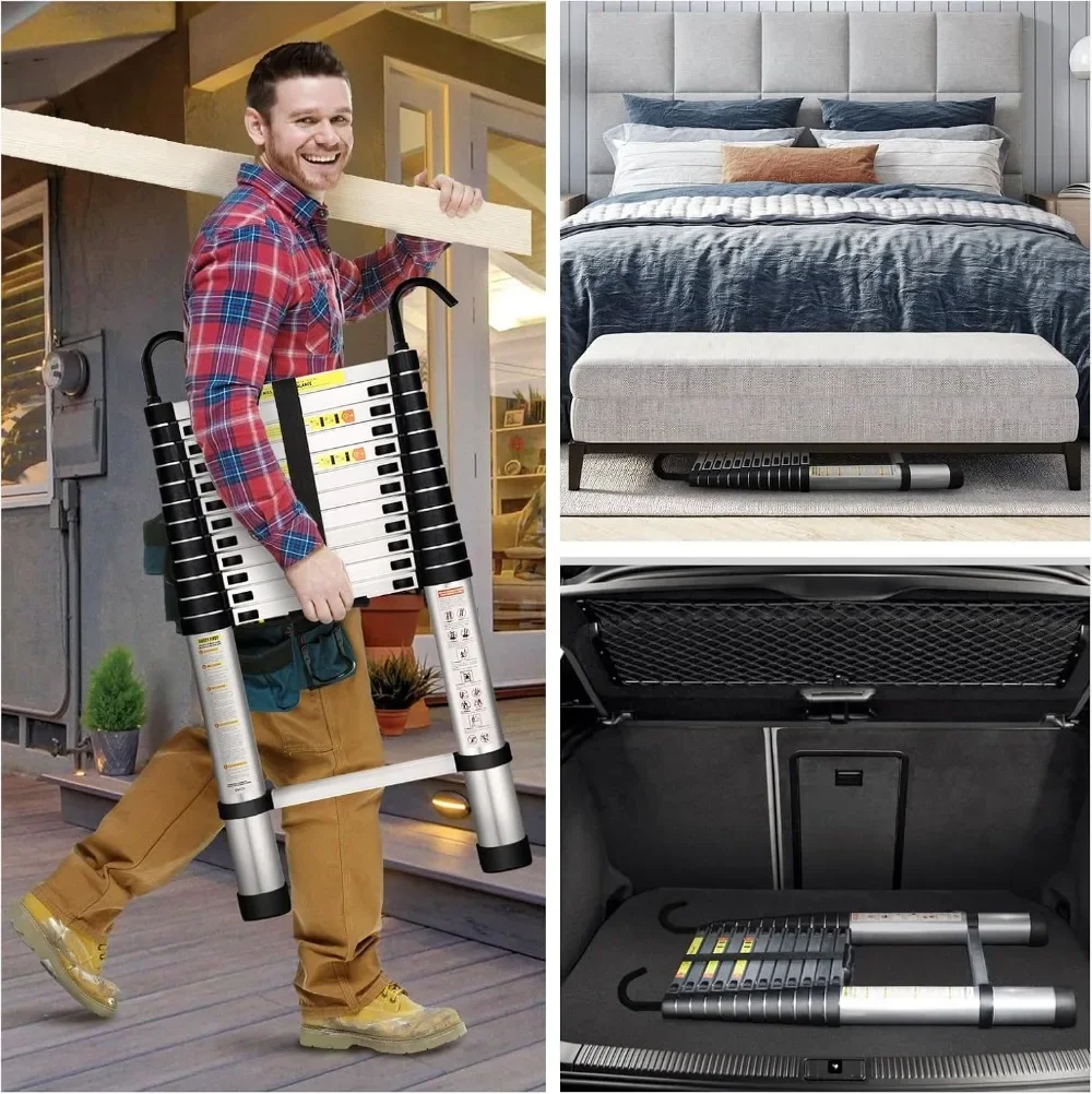 Miscoos16.5FT Aluminum Telescopic Extension Ladder with Non-Slip Feet, Multi-Purpose Collapsible Ladder for RV or Outdoor Work