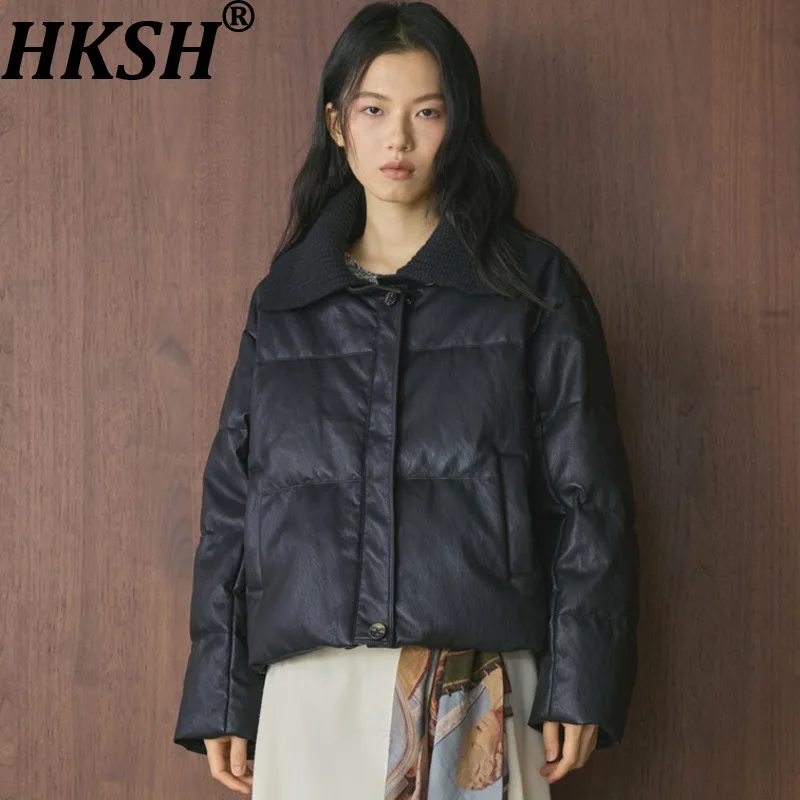 HKSH Women Down Jacket Korean Style Fashion Knit Turn-Down Collar Patchwork PU Leather Loose Casual Dark Punk Warm Coats HK27668