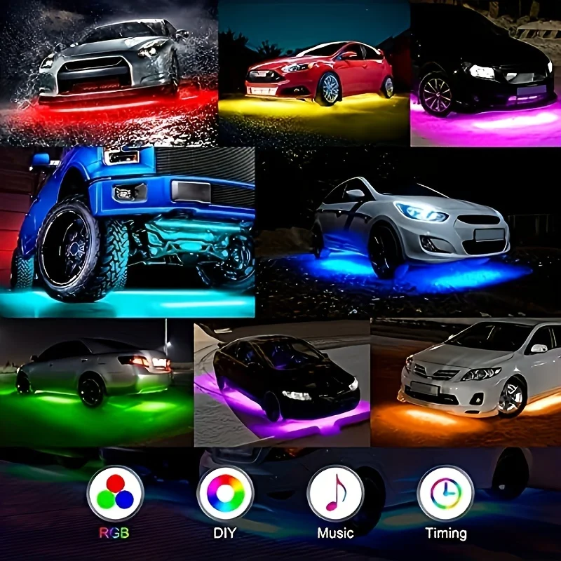 Car Neon Accent Strip Lights, RGB Sound, Active Function, Modo de música com controle remoto sem fio, Underbody Light Strips, 4pcs