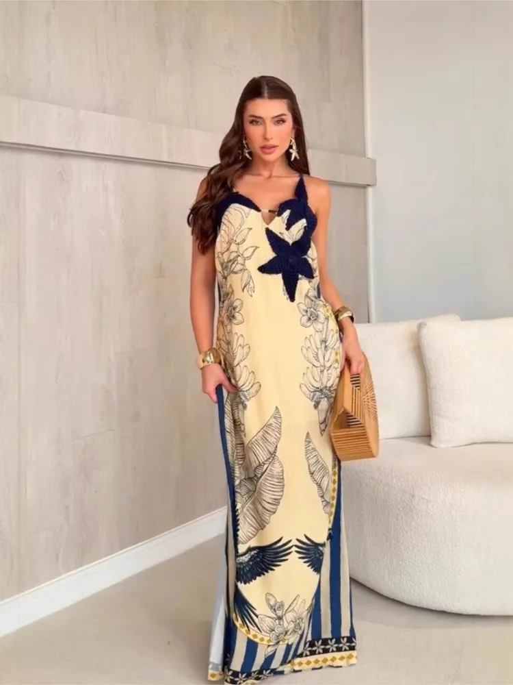 

Women's Knitted Flowers Spaghetti Strap Dresses Fashion Stripe Print Loose Backless Leace-up Vacation Long Dress Female Vestidos