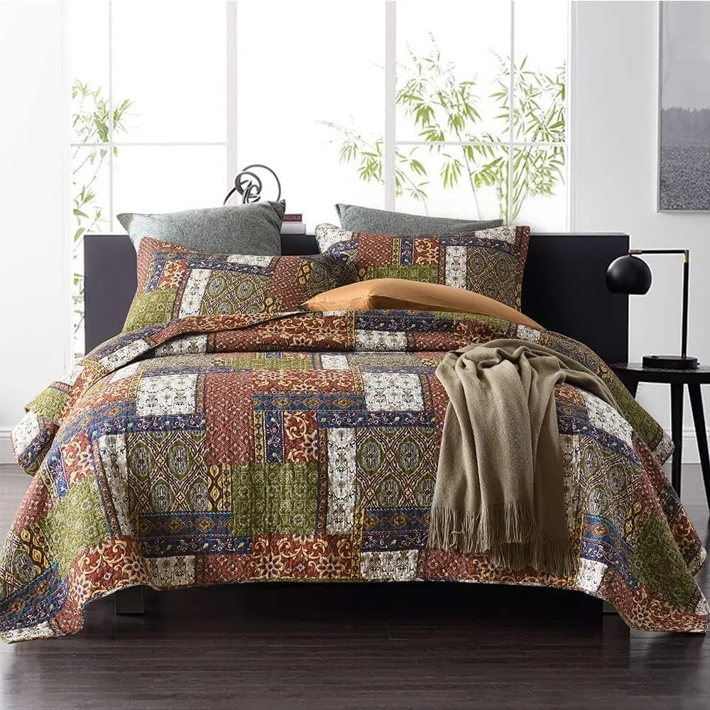 

Cotton Bedspread Quilt Sets Reversible Coverlet Sets Comforters Vintage Bohemian Patchwork Bedspread (Brown, King Size)