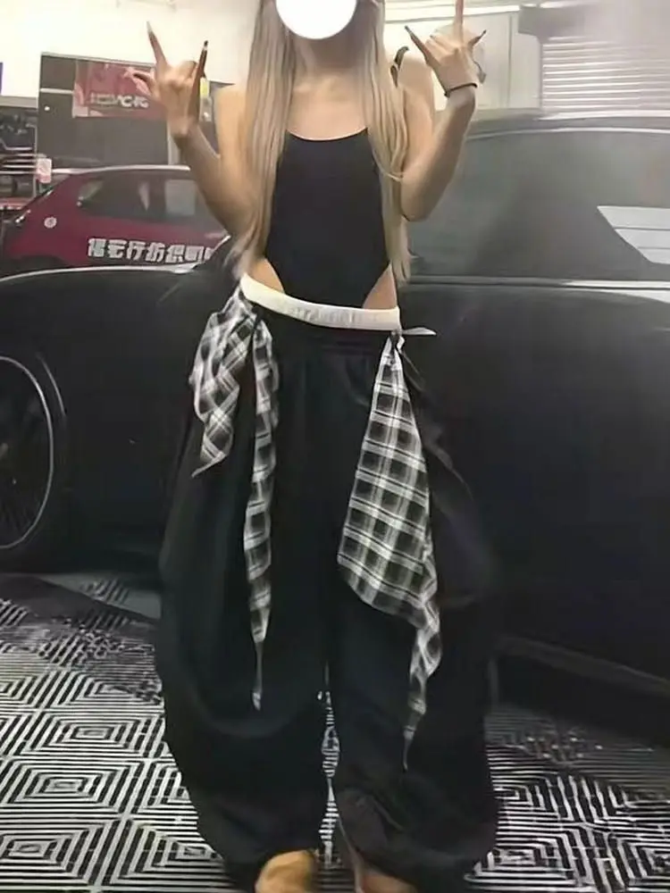 

American Sle Retro Plaid Belt Loose Wide Leg Pants Women's Summer New Design Casual Trousers High Waist Straight Cut