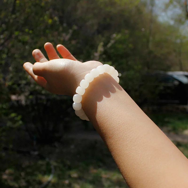 Xinjiang Hetian Jue Suet Bracelet Old-Styled Bead Men and Women White Jade as Right as Rain