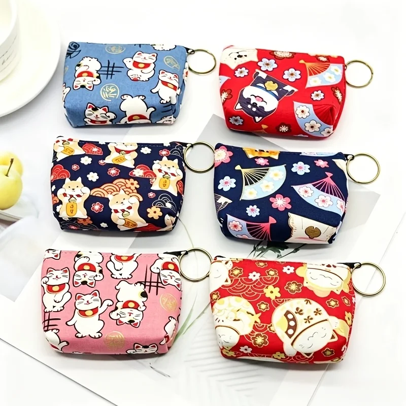 6 pieces new canvas zero wallet for women, coin bag, light and fresh retro Japanese style small purse