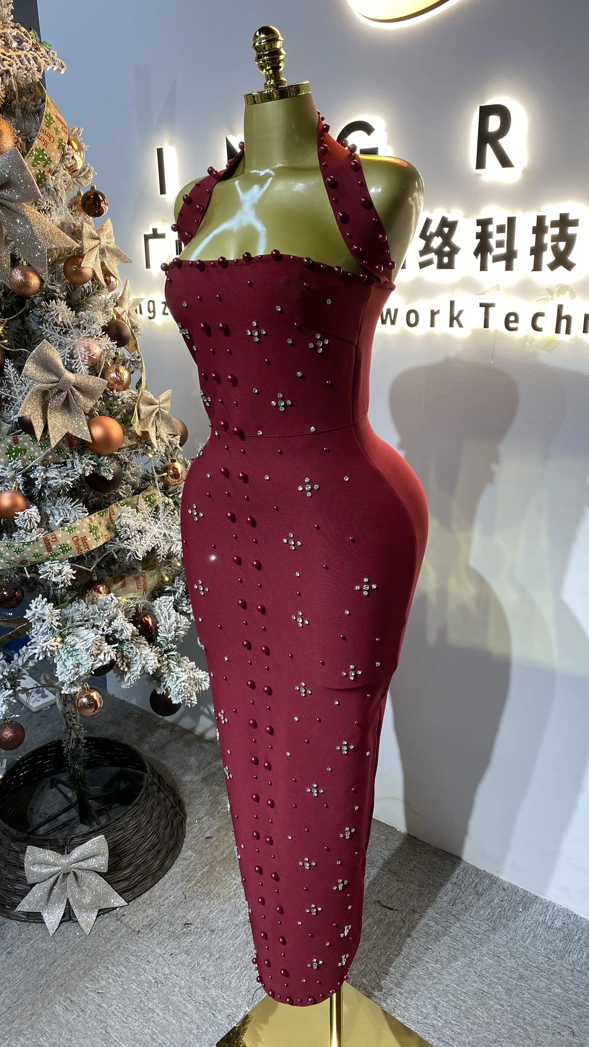 Vestido maxi feminino de luxo, sem mangas, diamante, pérola, bandagem, costas nuas, sexy e slim fit, vestido de festa-GZXX399