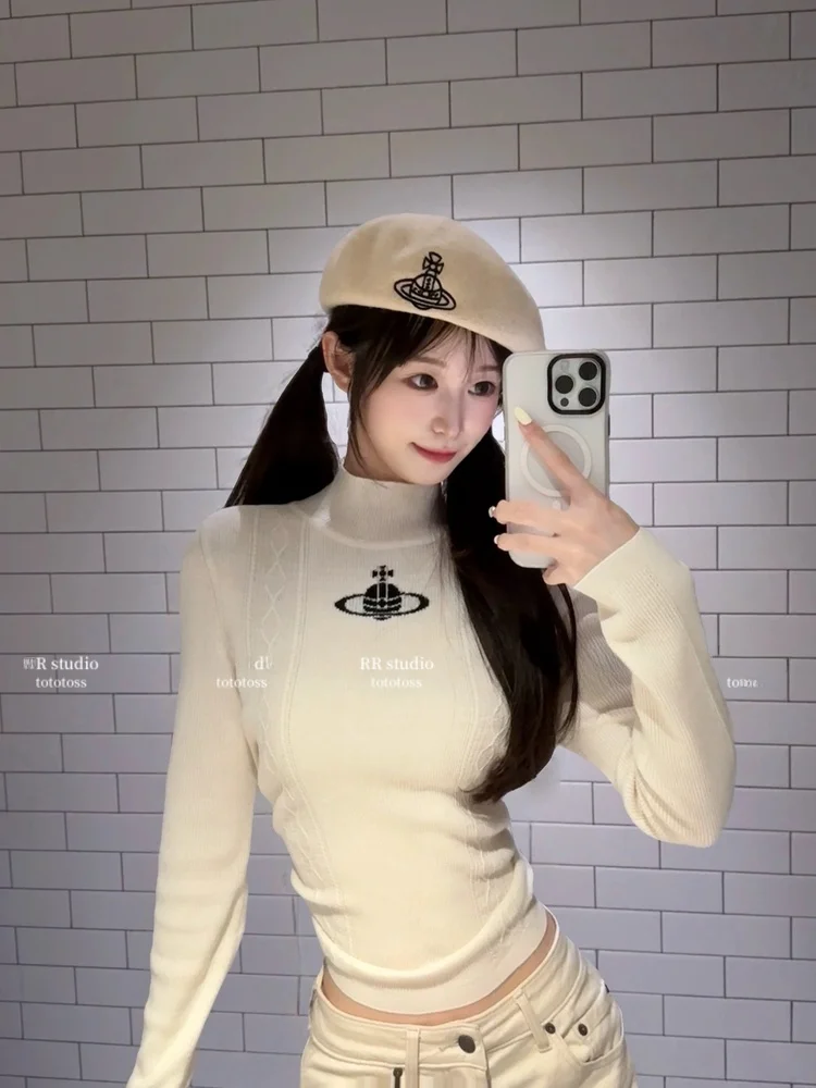 

Теплая вязаная базовая кофта с длинным рукавом, вышивкой и ажурным узором, высокий воротник, для женщин, для повседневной носки, осень