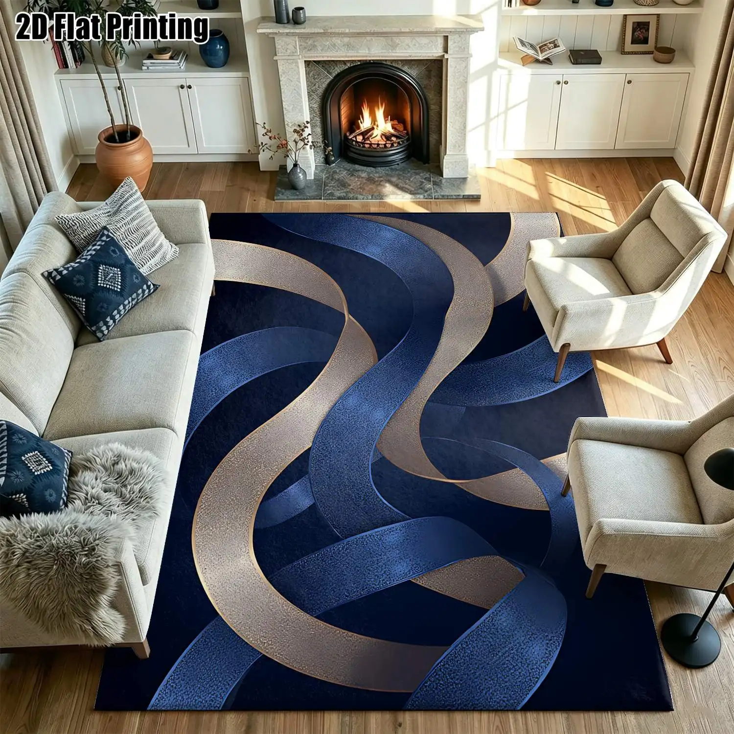 1Pc 2D Printed Blue & Gold Ribbon Pattern Carpet, Nordic/Instagram Style, Modern Minimalist Geometric Striped Abstract Art Floor Mat, Multi-Size, Machine Washable, for Entrance, Dining Room, Foyer, Living Room, Bedroom Home Decoration
