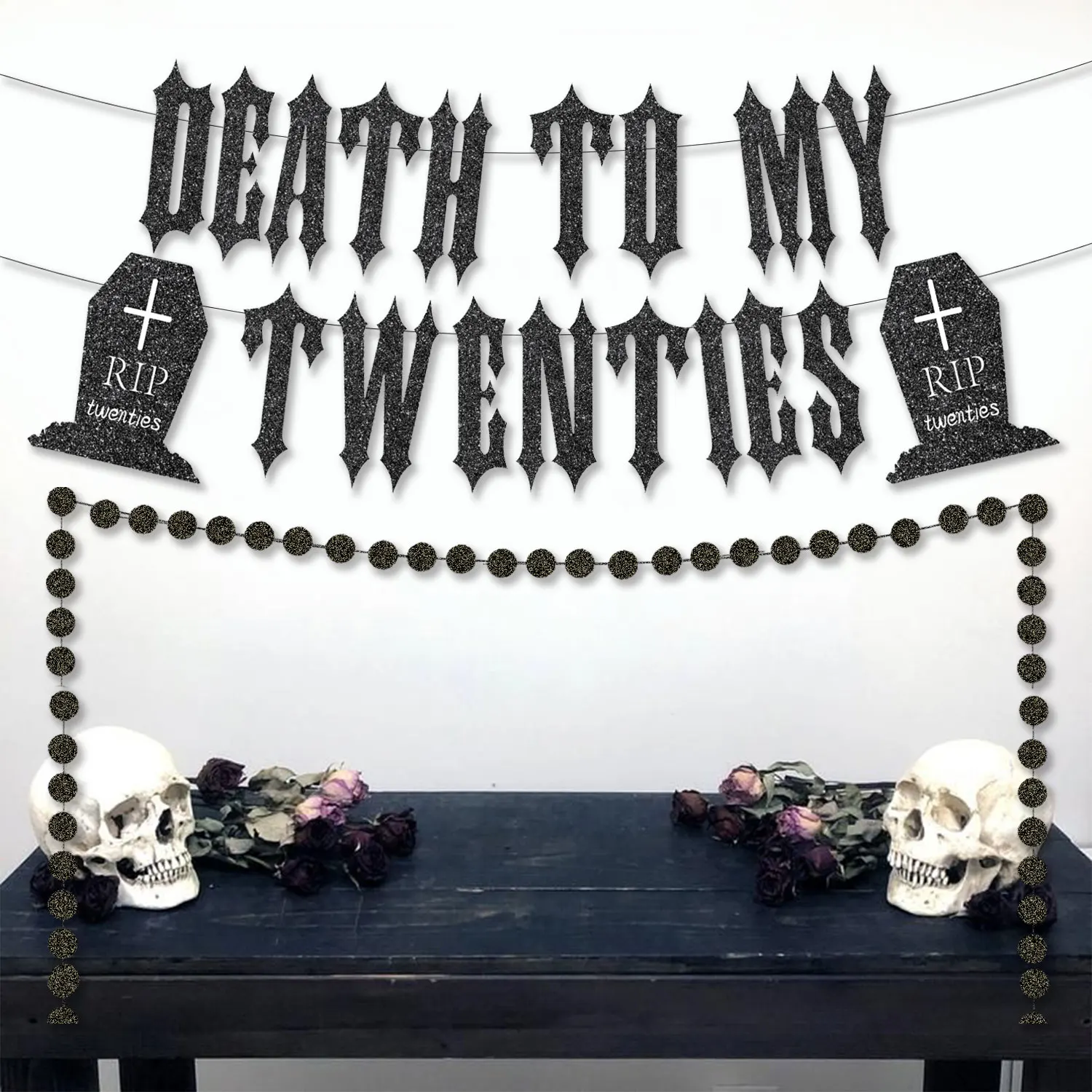 Black Glitter Death To My Twenties Banner 30th Birthday Decorations Circle Dot Garland for Women Men Funeral 30th Birthday Party