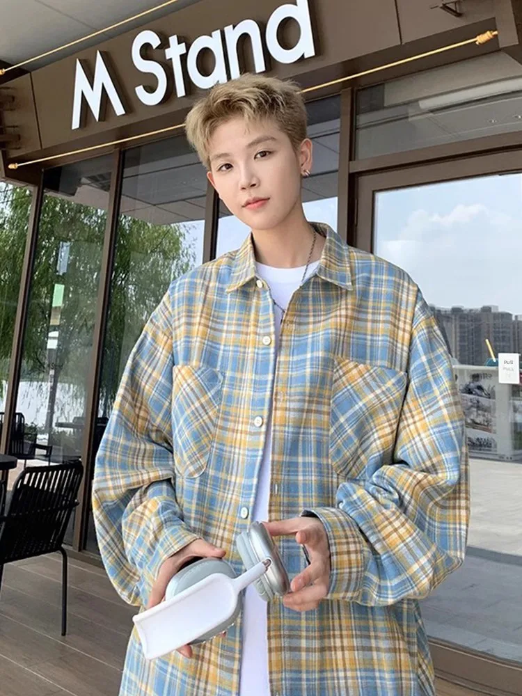 

Мужская рубашка свободного кроя в клетку, весенне-осенняя, модная, брендовая, с отложным воротником, в корейском стиле, для ранней осени, повседневная одежда
