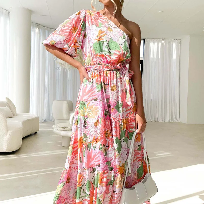 Primavera grande bainha um ombro vestido de festa casual floral impressão plissado vestido longo feminino 2025 rendas gola diagonal vestido boêmio