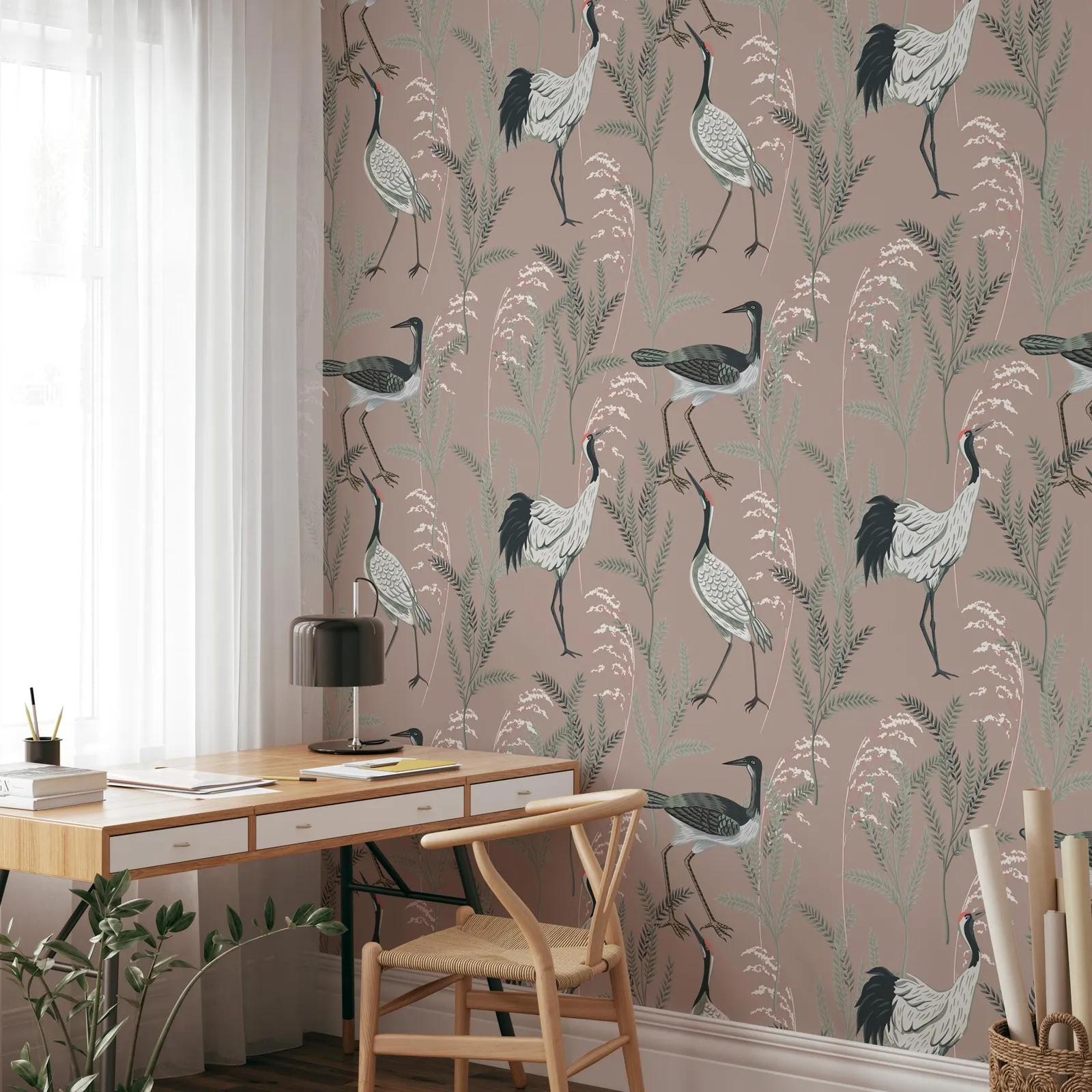 White Cranes on Pink Watercolor Background Wallpaper, Vintage Animals Bird Wallpaper For Bathroom, Self-adhesive Or Traditional