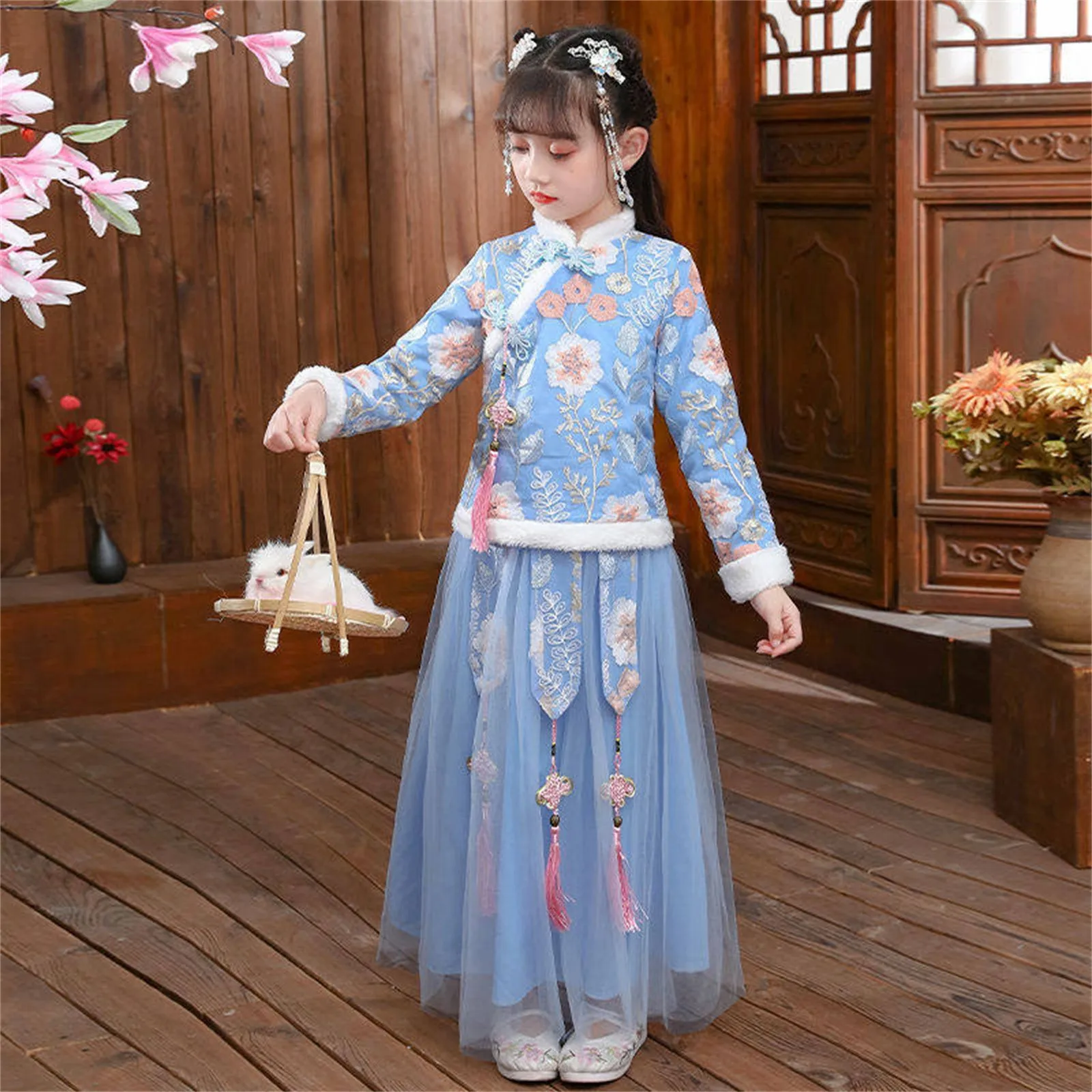 Chinese New Year Kids Dress Baby Girls Children Fairy Hanfu Fleece Lined Warm Embroidery Coat Jacket Tops+Princess Tulle Skirts image 3