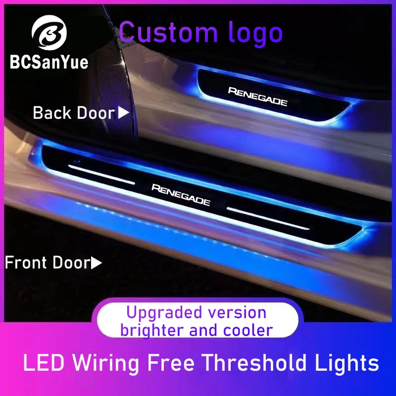 Personalizado carro porta LED Sill luz, Jeep Renegade logotipo lâmpada do projetor, USB Moving Power, sem fiação, Scuff Pedal