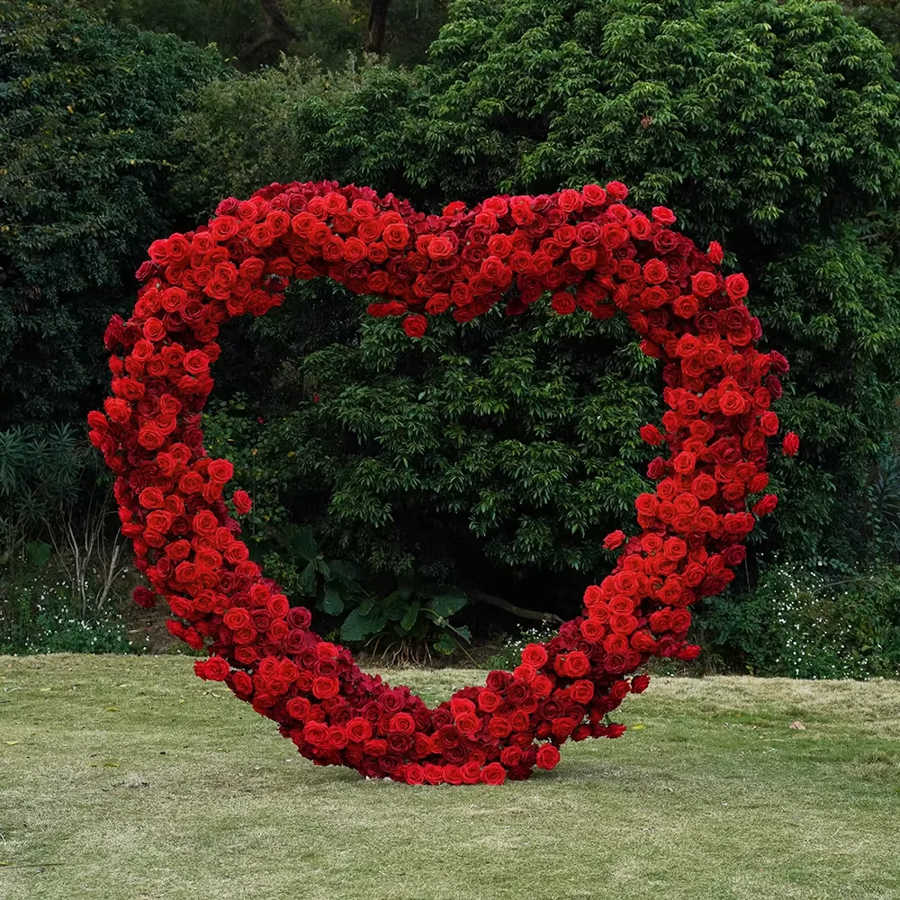 

Red Rose Heart Floral Arrangement With Cloth Base Decor Wedding mariage Backdrop Heart-Shaped Arch Frame Stage Flower Stand