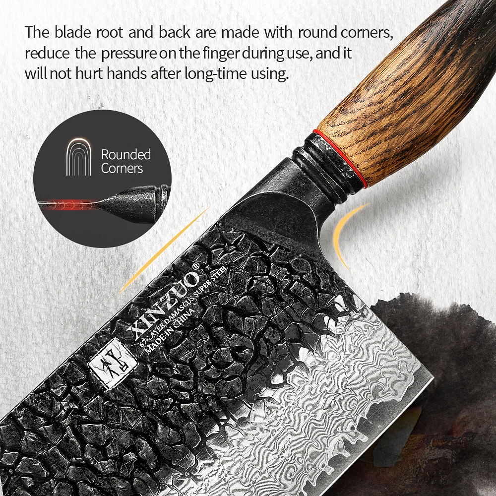 XINZUO 7.2-inch Damascus cleaver, with 6.0 - 8.0N cutting force, ensures effortless slicing and dicing，cut like a Pro