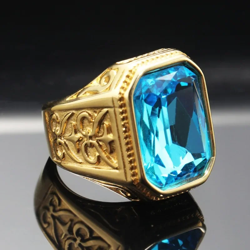HIP Hop Cool 316L Stainless Steel Gold Color Ring Vintage Retro Pattern Man's Black Yellow Green Red Stone Women Gift Ring
