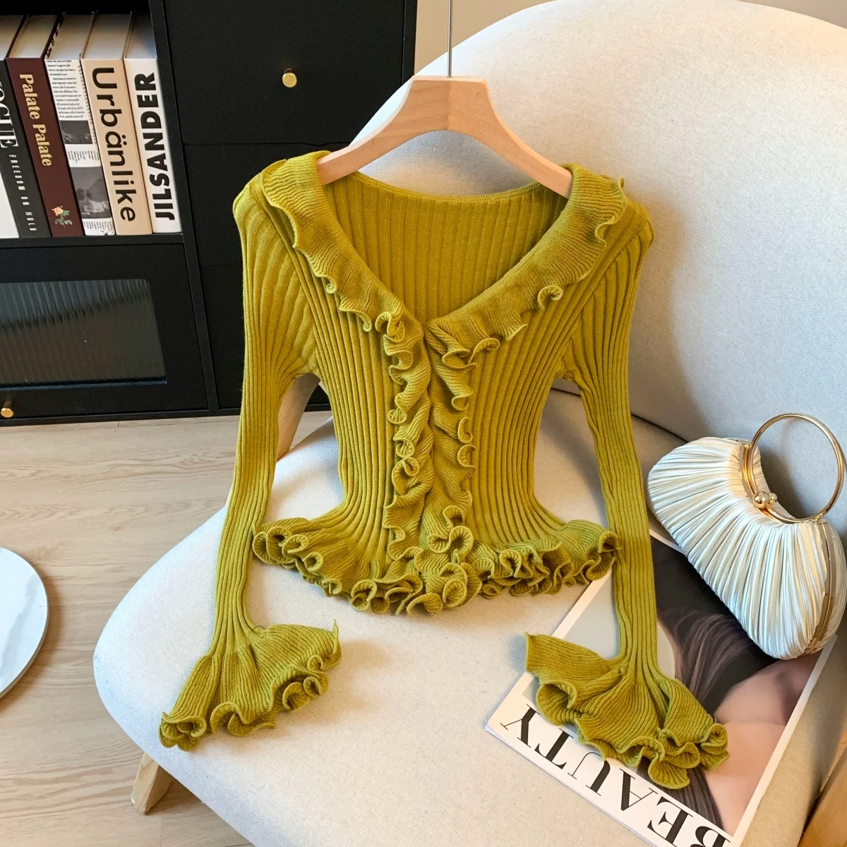 

Autumn Winter New Korean Style Ruffkes Knitted Shirt Slim Striped Cardigan Tops Flare Sleeve Women Sweater
