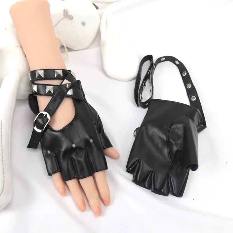 Women Nightclub Punk Girls Black Pu Rivets Finger Less Gloves Bandage Personality Buckle Straps Punk Gothic Cool Cosplay Mittens