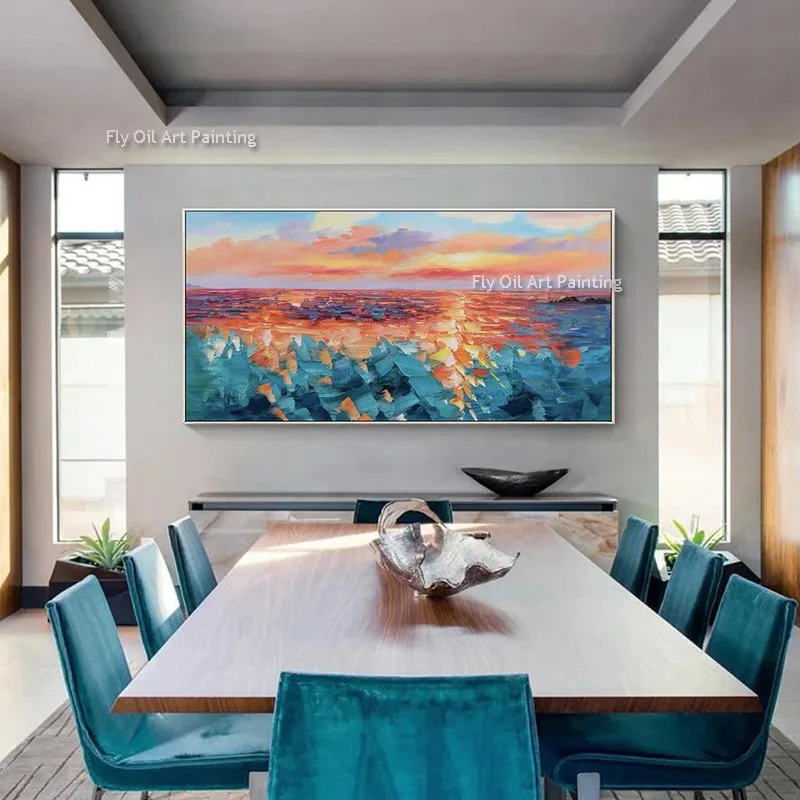 Modern Sea Sunset Canvas Wall Art Handmade Modern People Swimming In The Sea Artwork For Decor Blue Seascape Thick Oil Painting